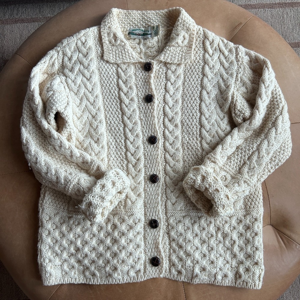 Aran Crafts Vintage Irish Wool Cardigan Womens M Cable Knit Ireland Fisherman